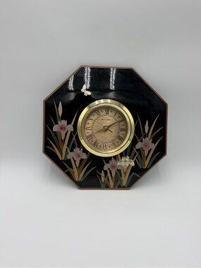 Art Deco Miyabi Quartz Clock Japan Black Lacquer Iris Floral MCM Rare - See Desc